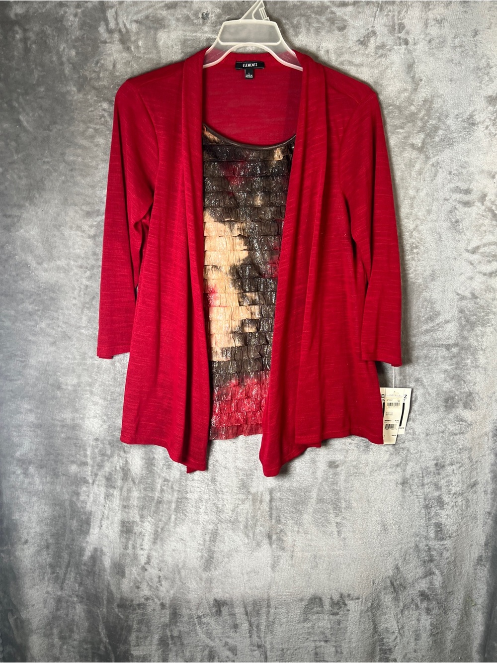 Elementz Red Open-Front Layered Cardigan with Patterned Tank